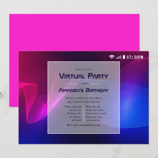 Invitation Fête d'anniversaire virtuelle avec éclairage rose (Devant / Derrière)