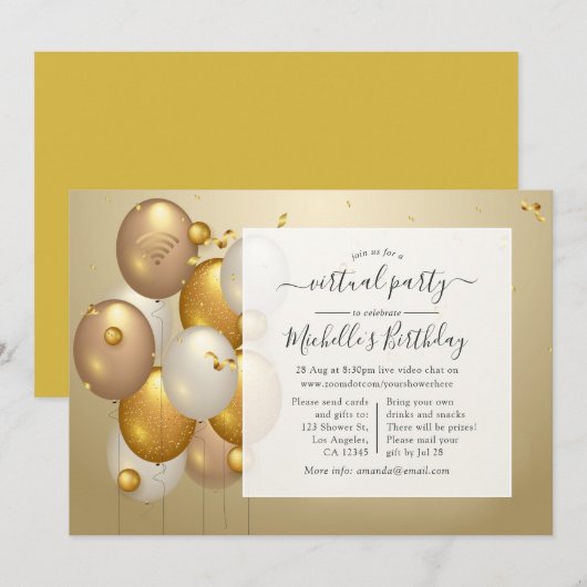 Invitation Fête d'anniversaire virtuelle Ballons Dorés (Devant / Derrière)