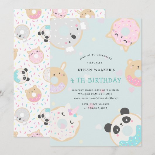 Invitation fête d'anniversaire virtuelle beignes animaux (Devant / Derrière)