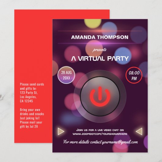Invitation Fête d'anniversaire virtuelle Bokeh (Devant / Derrière)