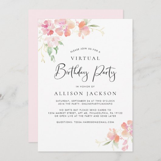 Invitation Fête d'anniversaire virtuelle Floral or rose moder (Devant / Derrière)