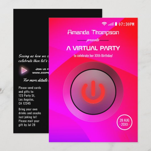 Invitation Fête d'anniversaire virtuelle géométrique rose et  (Devant / Derrière)