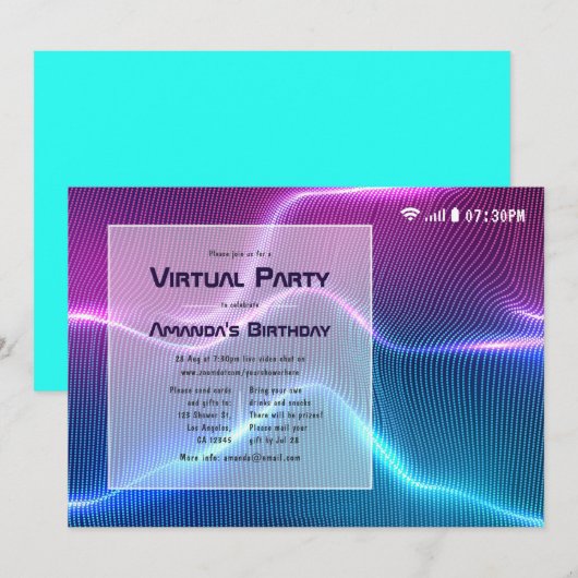 Invitation Fête d'anniversaire virtuelle Glow rose et bleu (Devant / Derrière)