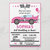 Invitation Fête d'anniversaire voiture de course rose (Devant)