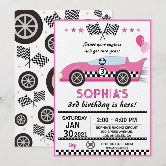 Invitation Fête d'anniversaire voiture de course rose (Devant / Derrière)