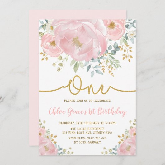 Invitation Fête d'anniversaire Watercolor Pink Blush Floral 1 (Devant / Derrière)