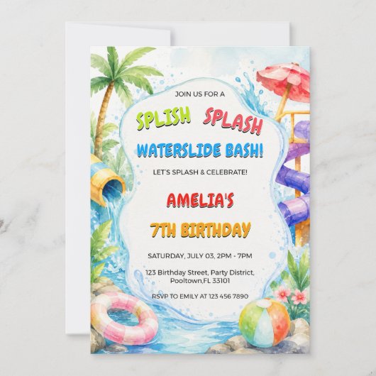 Invitation Fête d'anniversaire Watercolor Water Slide Bash (Devant)