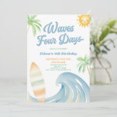 Invitation Fête d'anniversaire Waves Four Days Beach Surf Blu (Debout devant)