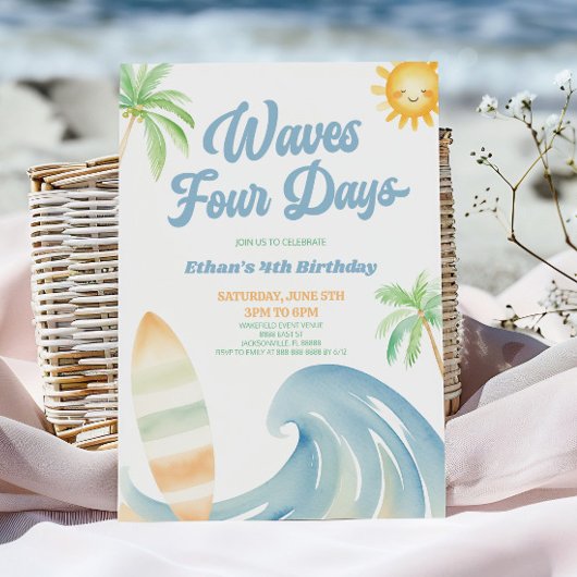 Invitation Fête d'anniversaire Waves Four Days Beach Surf Blu