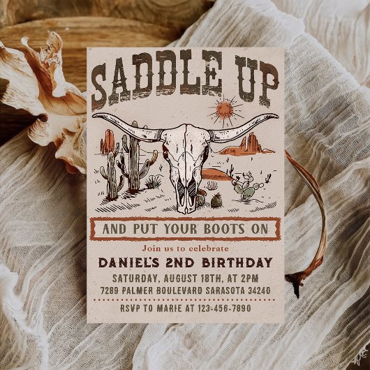 Invitation Fête d'anniversaire western cow-boy Saddle Up vint