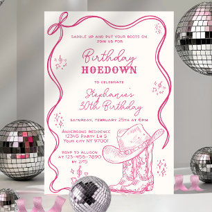 Invitation Fête d'anniversaire western rose dessinée à la mai