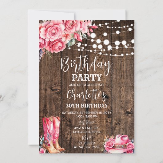 Invitation Fête d'anniversaire Western Rustique rose (Devant)