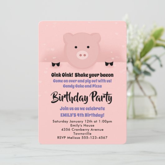 Invitation Fête d'anniversaire Whimssical Pink Pig (Debout devant)