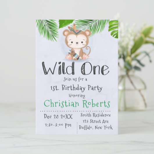 Invitation Fête d'anniversaire Wild One Boho Monkey (Debout devant)
