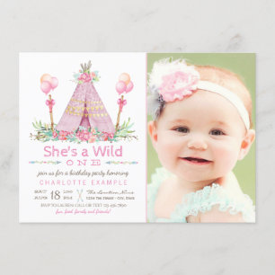 Invitation Fête d'anniversaire Wild One Pink Teepee 1er anniv