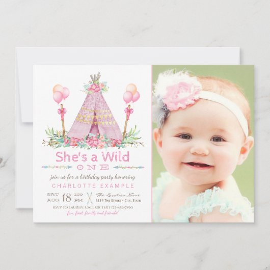 Invitation Fête d'anniversaire Wild One Pink Teepee 1er anniv (Devant)