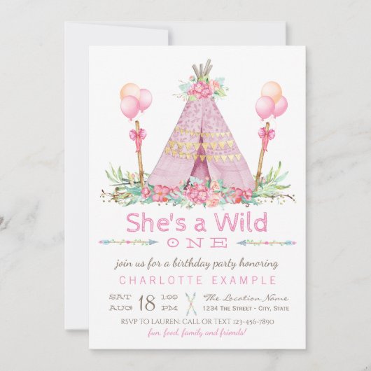 Invitation Fête d'anniversaire Wild One Pink Teepee Premier a (Devant)