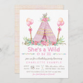 Invitation Fête d'anniversaire Wild One Pink Teepee Premier a (Devant / Derrière)