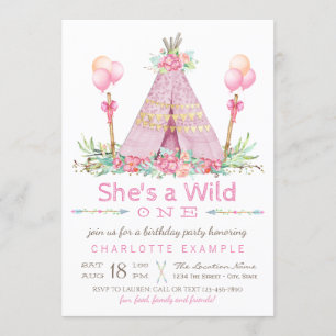 Invitation Fête d'anniversaire Wild One Pink Teepee Premier a