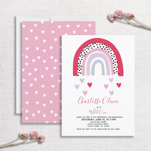 Invitation Fête d'anniversaire Wild One Rose Rainbow Girl