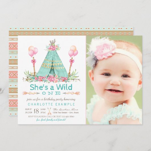 Invitation Fête d'anniversaire Wild One Teepee Premier annive (Devant / Derrière)