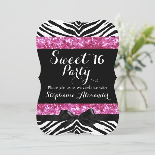 Invitation Fête d'anniversaire Wild Pink Sparkle Zebra Sweet  (Debout devant)