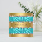 Invitation Fête d'anniversaire Wild Turquoise Zebra Gold Diam (Debout devant)