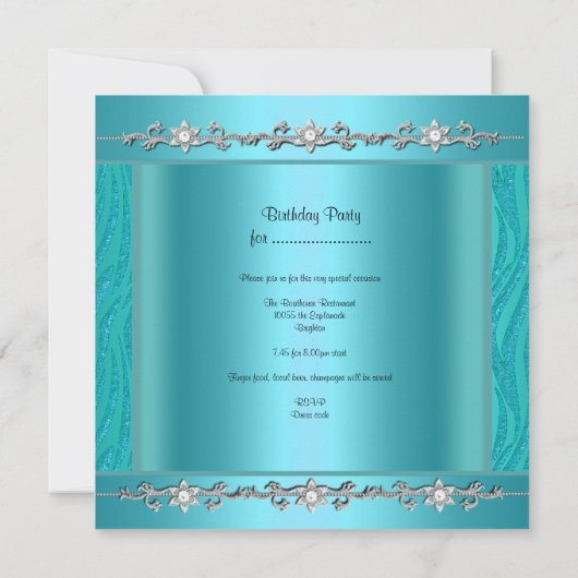 Invitation Fête d'anniversaire Wild Zebra Diamond Turquoise (Dos)