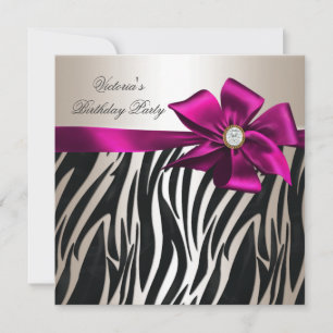 Invitation Fête d'anniversaire Zebra Crème blanche Noir rose