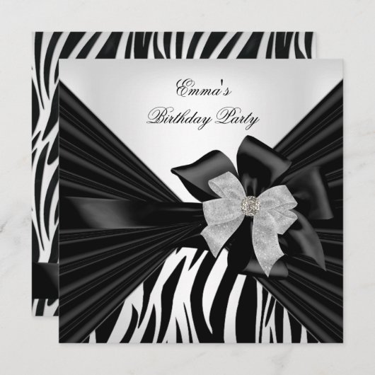 Invitation Fête d'anniversaire Zebra Elégant noir blanc (Devant / Derrière)