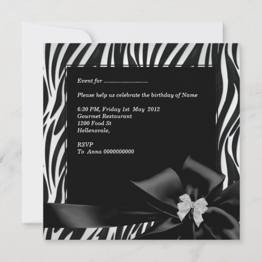 Invitation Fête d'anniversaire Zebra Elégant noir blanc (Dos)