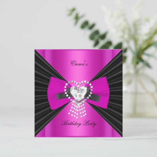 Invitation Fête d'anniversaire Zebra Elegant noir Hot rose Bo (Debout devant)