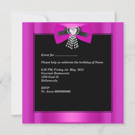 Invitation Fête d'anniversaire Zebra Elegant noir Hot rose Bo (Dos)