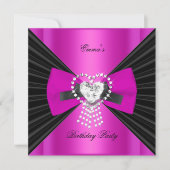 Invitation Fête d'anniversaire Zebra Elegant noir Hot rose Bo (Devant)
