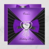 Invitation Fête d'anniversaire Zebra Elegant Noir pourpre Bow (Devant / Derrière)