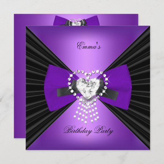 Invitation Fête d'anniversaire Zebra Elegant Noir pourpre Bow (Devant / Derrière)