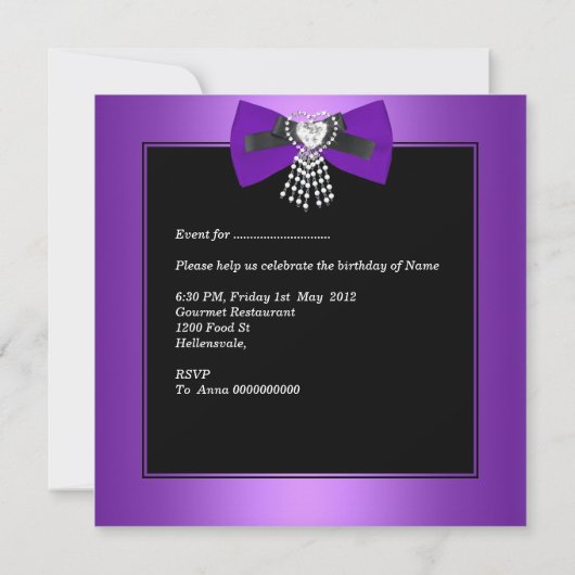 Invitation Fête d'anniversaire Zebra Elegant Noir pourpre Bow (Dos)