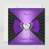 Invitation Fête d'anniversaire Zebra Elegant Noir pourpre Bow (Devant)