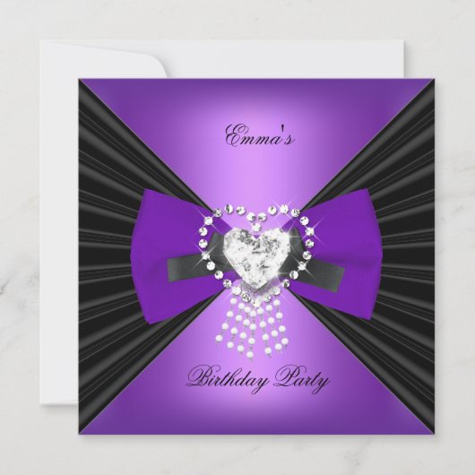 Invitation Fête d'anniversaire Zebra Elegant Noir pourpre Bow (Devant)