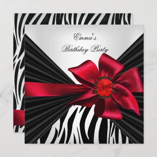 Invitation Fête d'anniversaire Zebra Elegant Rouge Noir Blanc (Devant / Derrière)