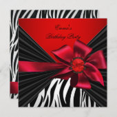 Invitation Fête d'anniversaire Zebra Elégante Bow rouge noir (Devant / Derrière)