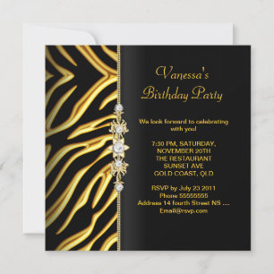Invitation Fête d'anniversaire Zebra Gold Black Floral