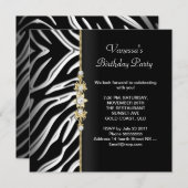 Invitation Fête d'anniversaire Zebra Gold Black White Floral (Devant / Derrière)