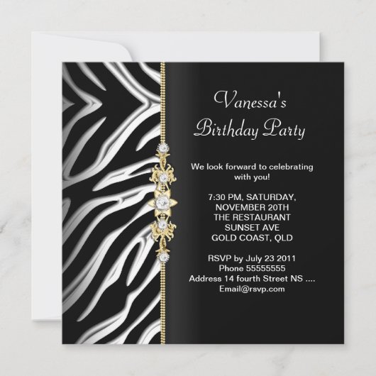 Invitation Fête d'anniversaire Zebra Gold Black White Floral (Devant)