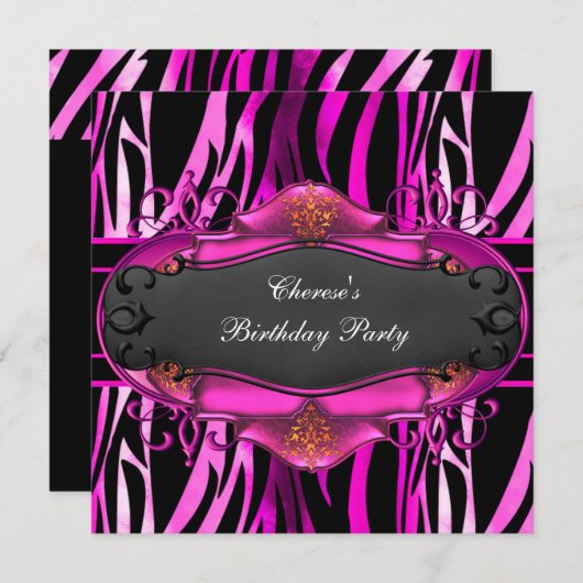 Invitation Fête d'anniversaire Zebra Hot rose Poster de anima (Devant / Derrière)