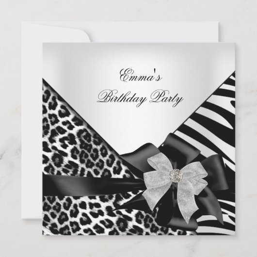Invitation Fête d'anniversaire Zebra Leopard Elégant noir bla (Devant)