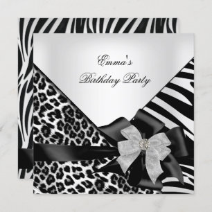 Invitation Fête d'anniversaire Zebra Leopard Elégant noir bla