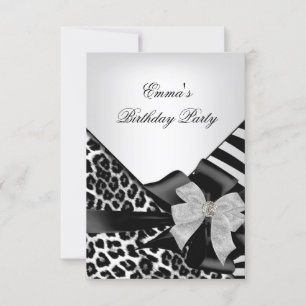 Invitation Fête d'anniversaire Zebra Leopard Elégant noir bla