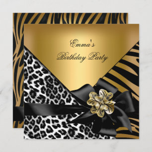 Invitation Fête d'anniversaire Zebra Leopard Gold Elegant
