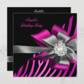 Invitation Fête d'anniversaire Zebra Pink Black Silver Bow (Devant / Derrière)